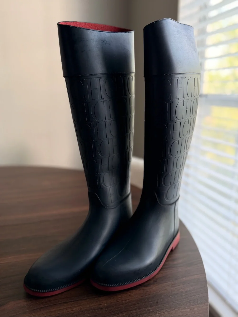 Carolina Herrera Black Tall Embossed Rain Boots with Red Trim